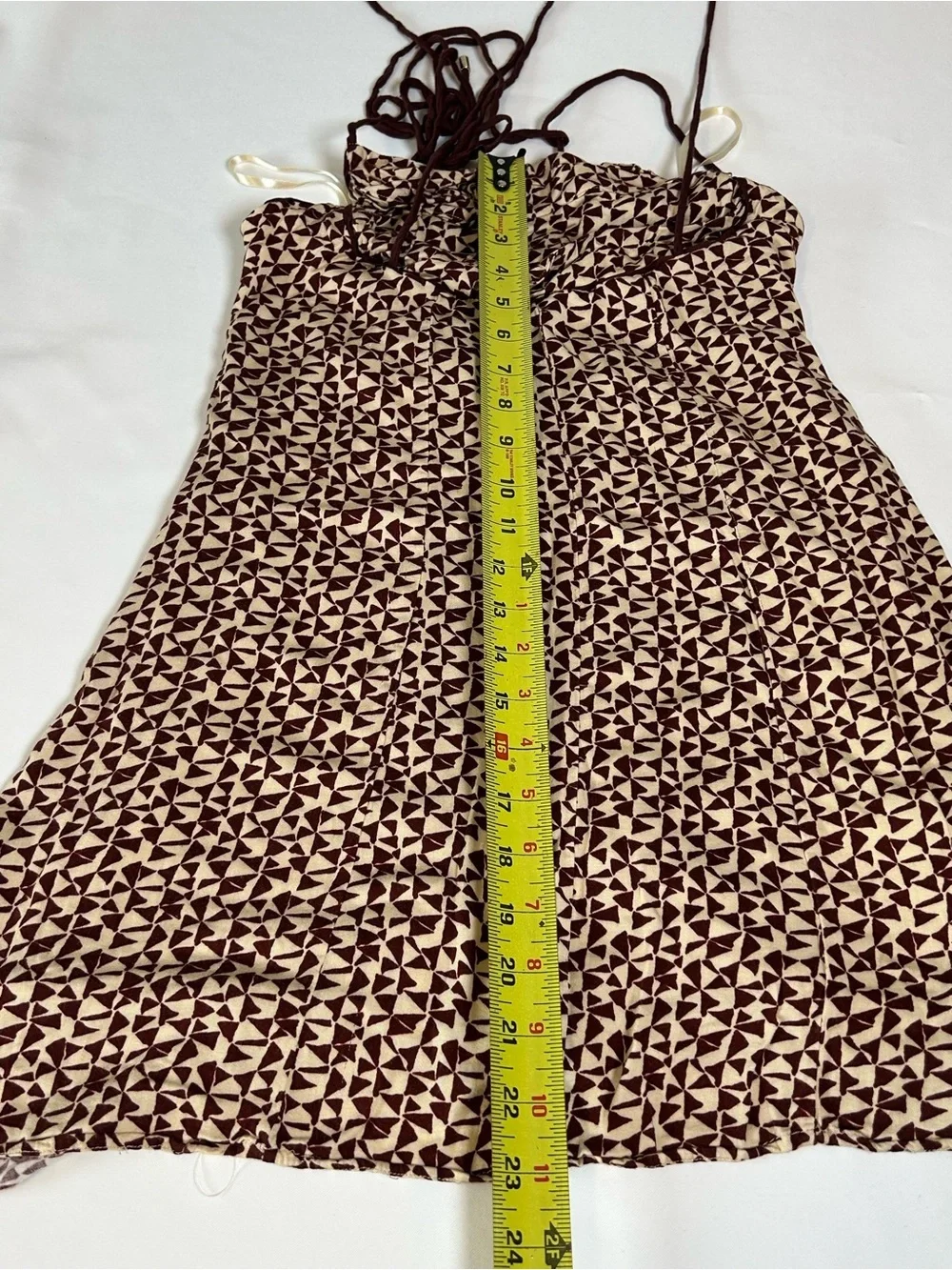 Free People Kai print Tie strap Mini Dress xs brown cream cowl neck boho dress